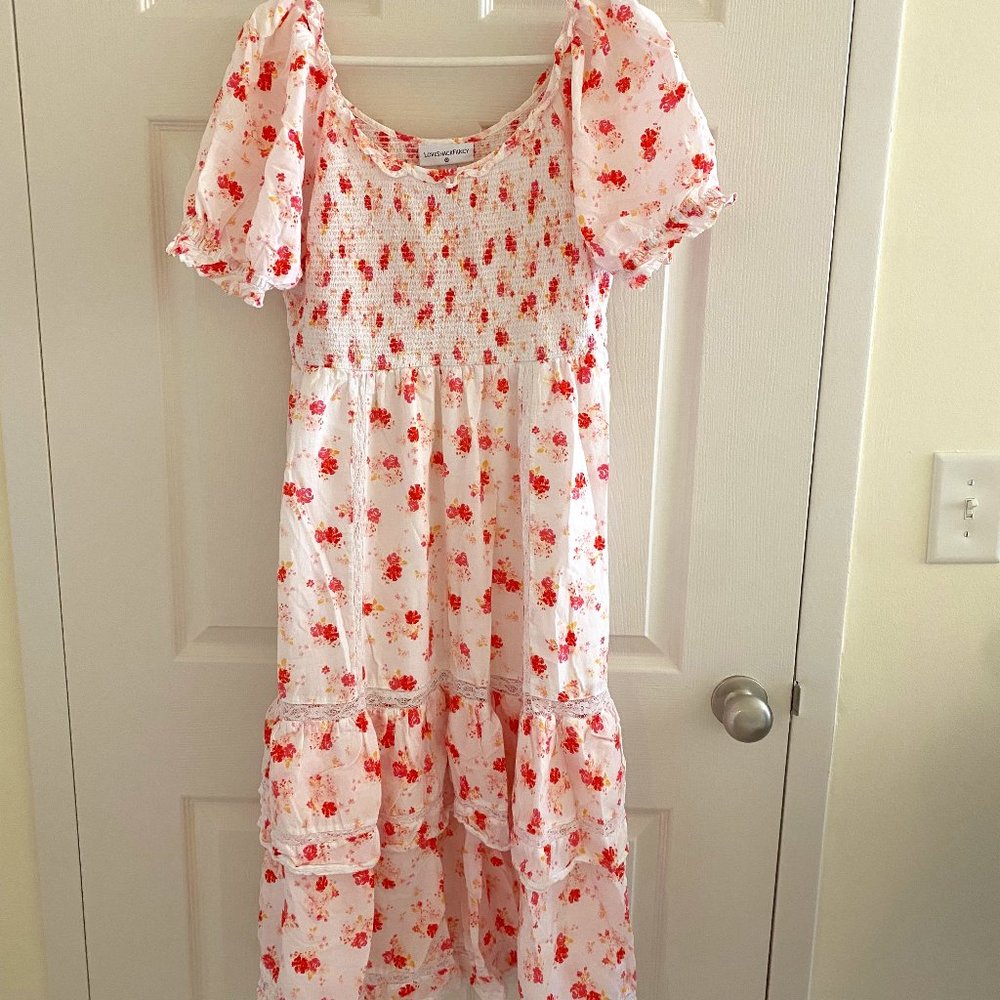 LoveShackFancy White Midi Dress with Red Floral Print